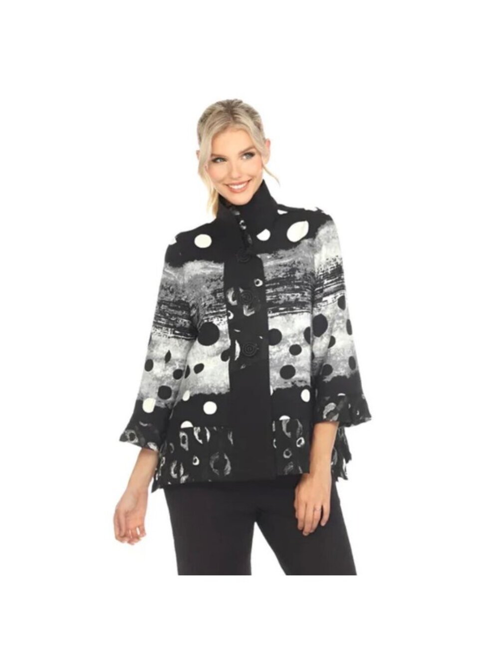 Yushi Polka-Dot High Collar Jacket Black, Grey White Women XL Boho Lagenlook Art